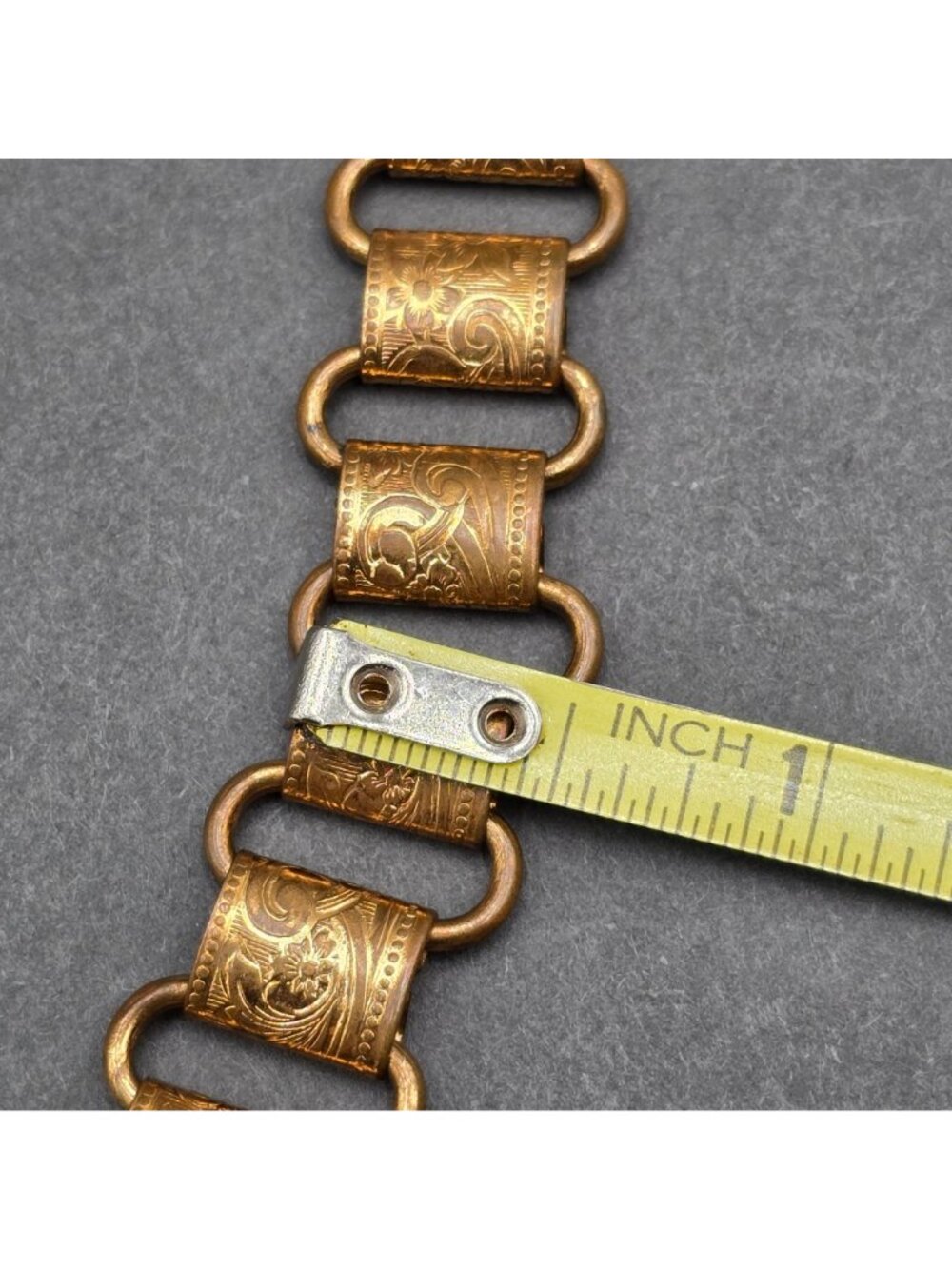 Antique Victorian Book Chain Necklace 24" Gold Tone 15.6mm Embossed Floral Panel - Picture 15 of 16